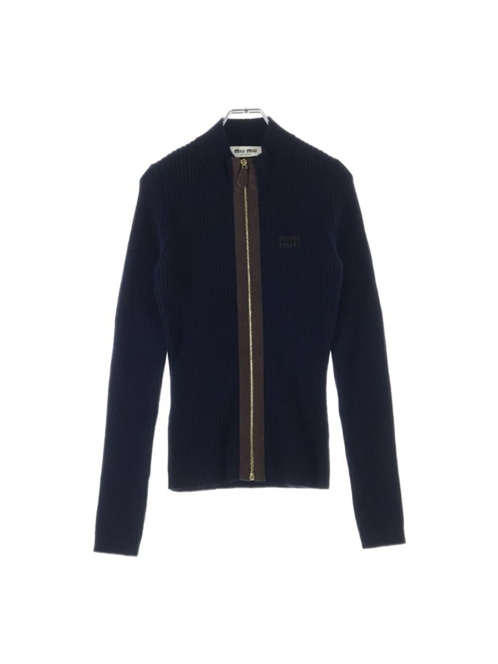 Miu Miu Cashmere Hoodie Digan Knit Leather Cut Replacement Front Logo Navy